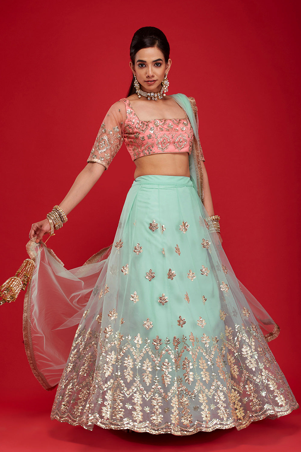 Aqua & Pink Gardenia Lehenga