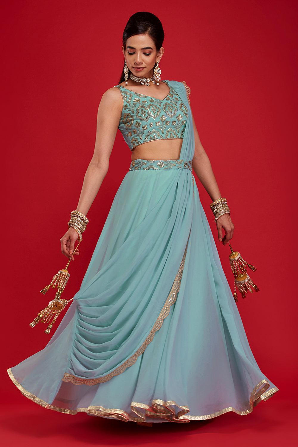 Pale Blue Draped Lehenga Saree