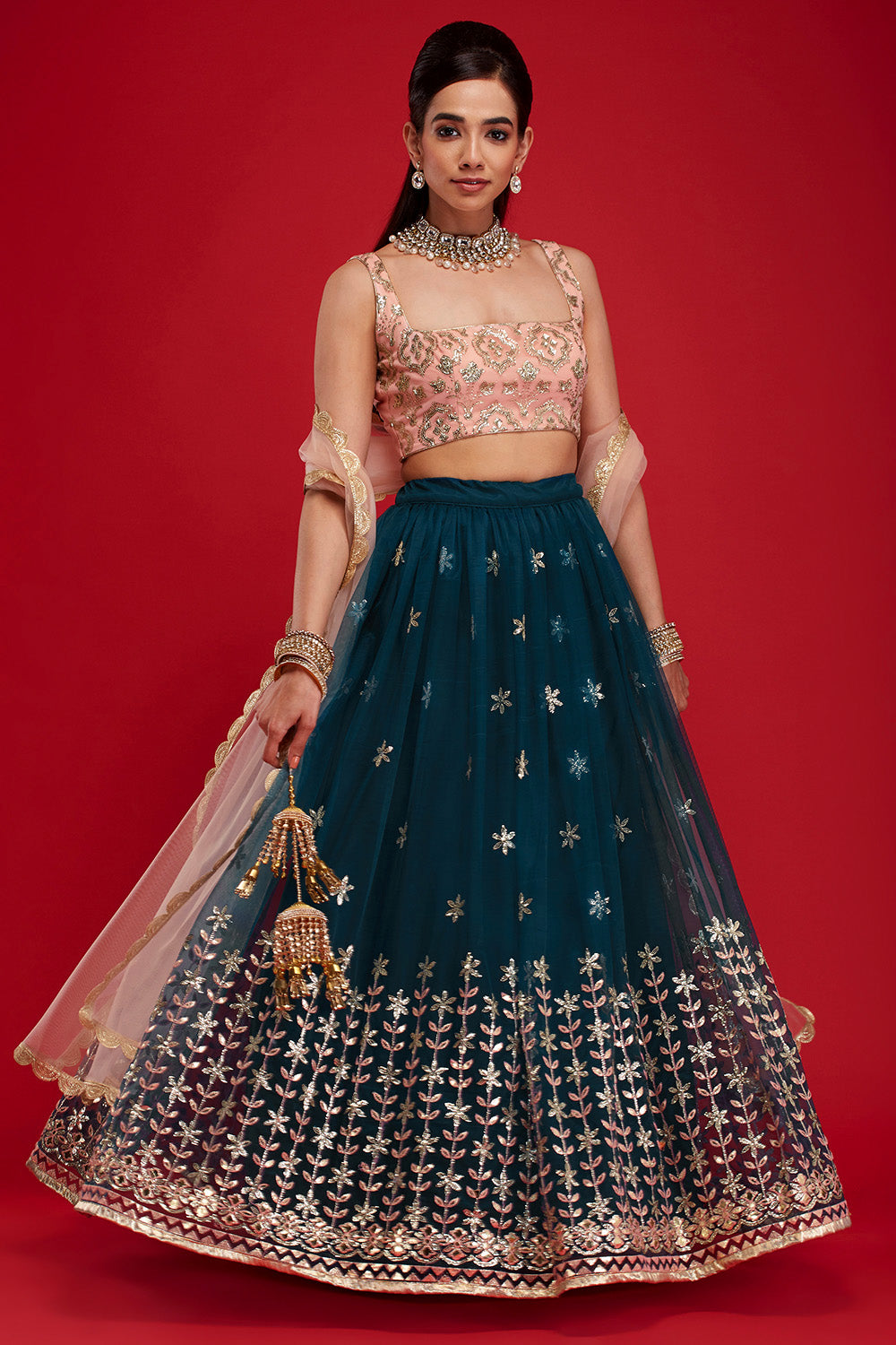 Dark Peacock & Blush Starflower Lehenga