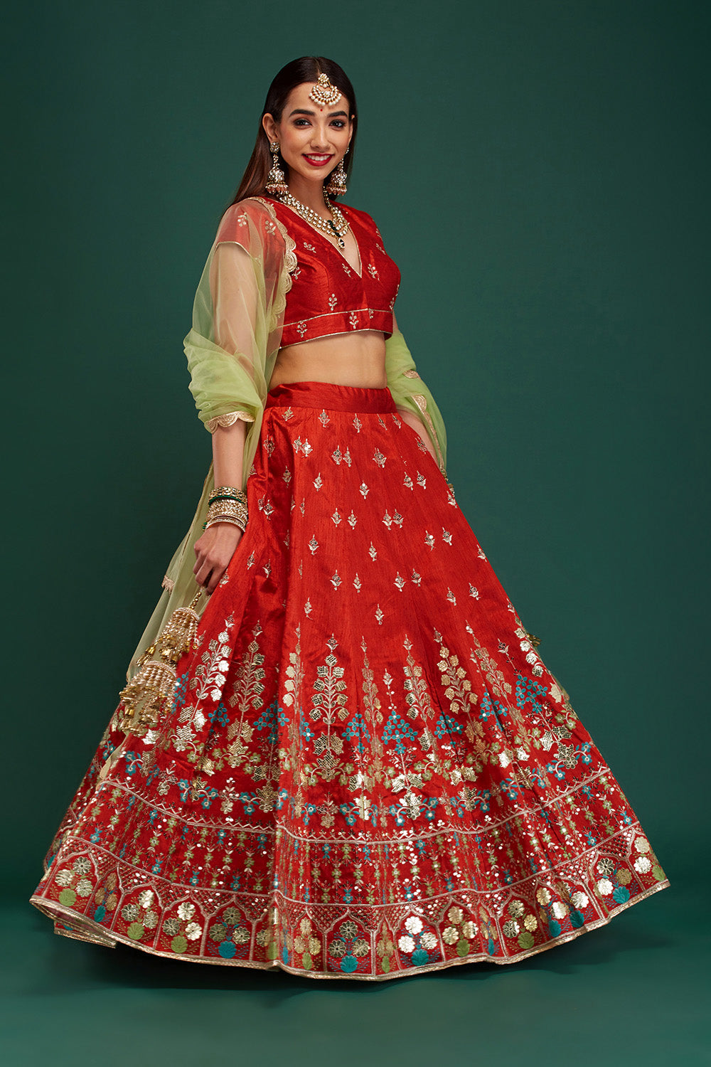 Rust & Jade Floral Pendant Lehenga