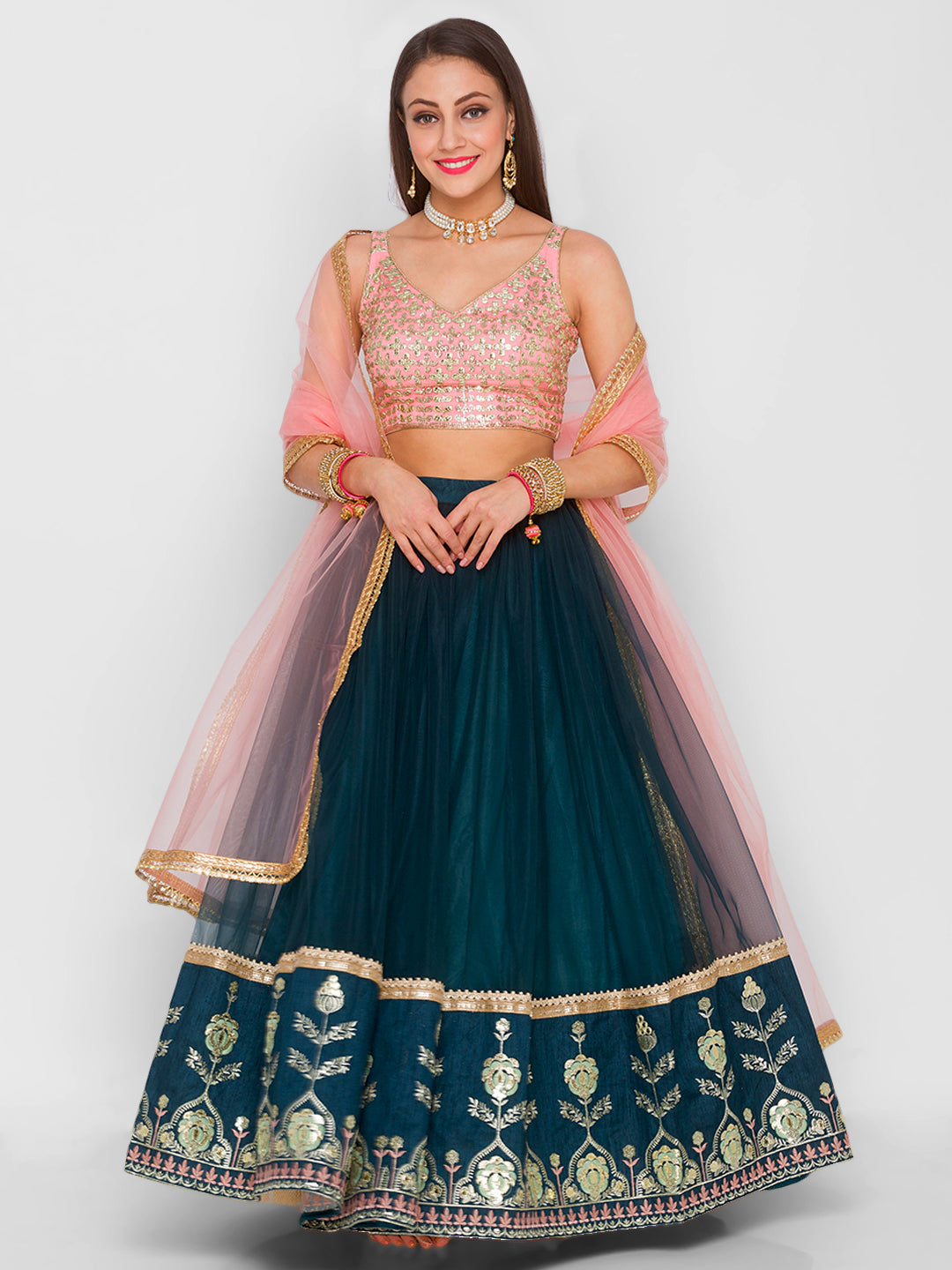 Dark Pine & Pink Bagh Border Lehenga with Pink