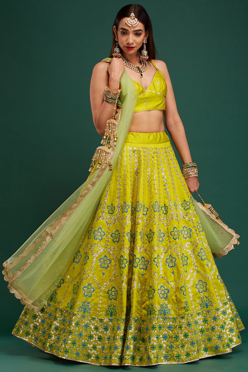 Lime Green & Jade Floral Damask Lehenga