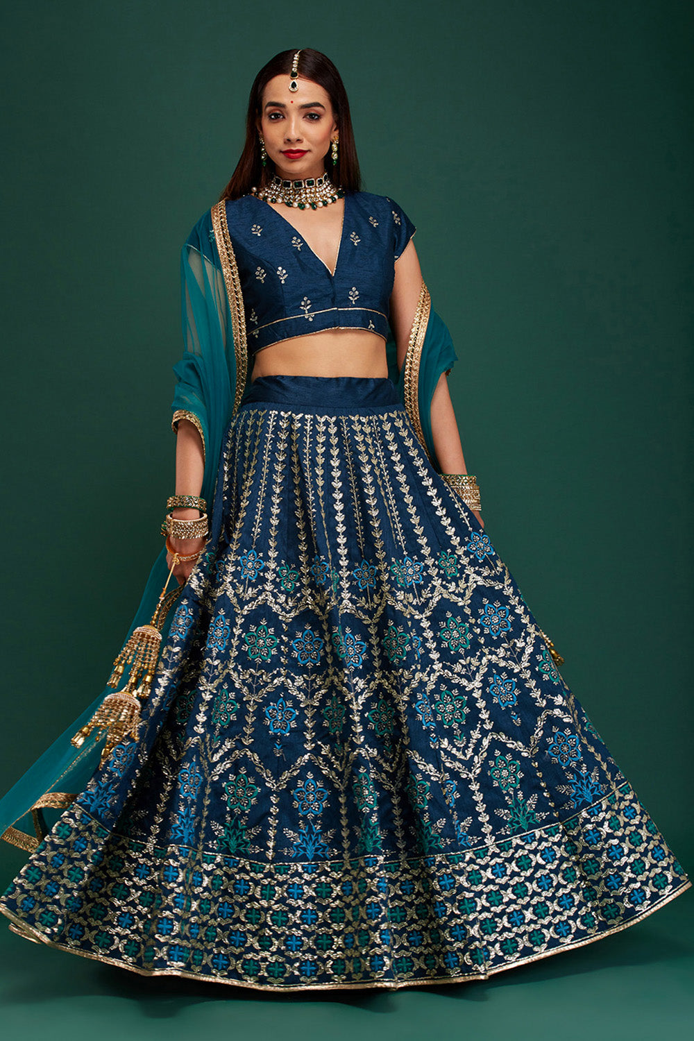 Prussian Blue Floral Damask Lehenga