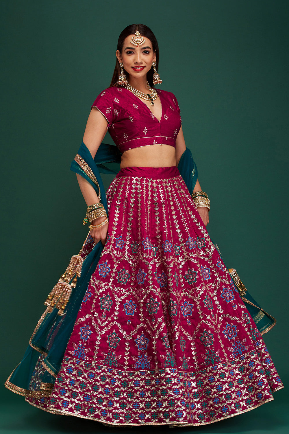 Magenta & Blue Floral Damask Lehenga