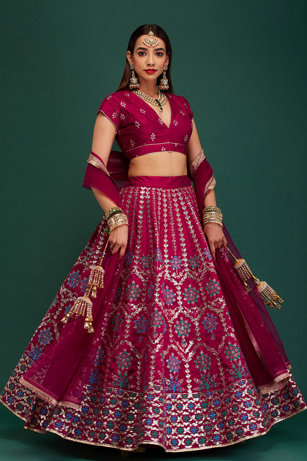 Magenta Floral Damask Lehenga