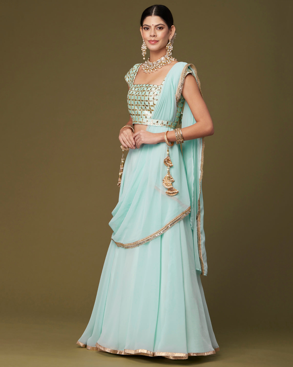 Pale Aqua Draped Lehenga Saree