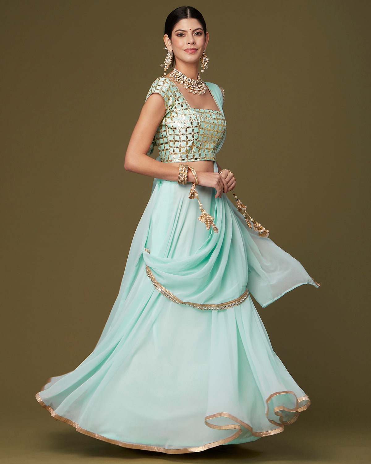 Pale Aqua Draped Lehenga Saree