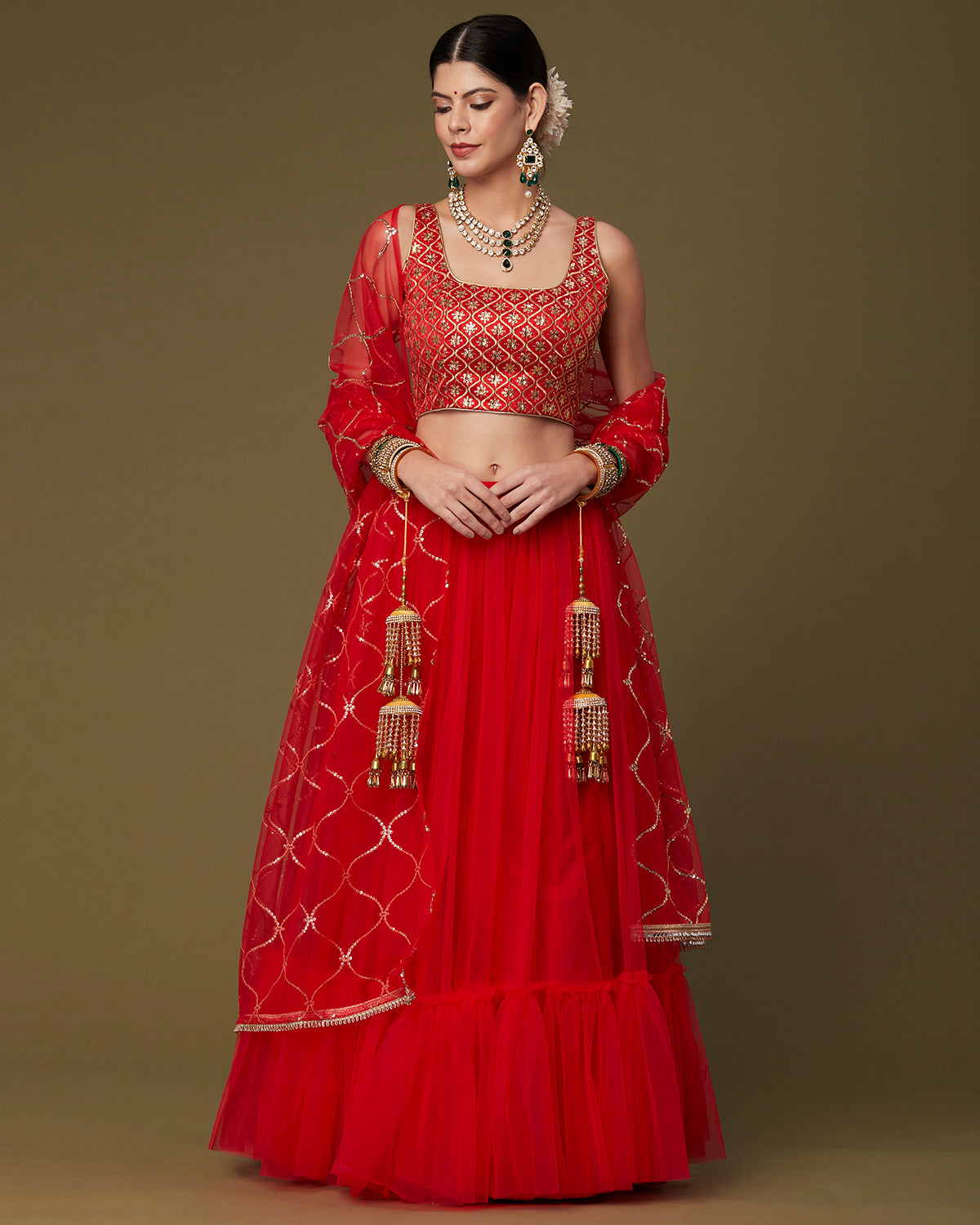 Red Net Ruffled Lehenga