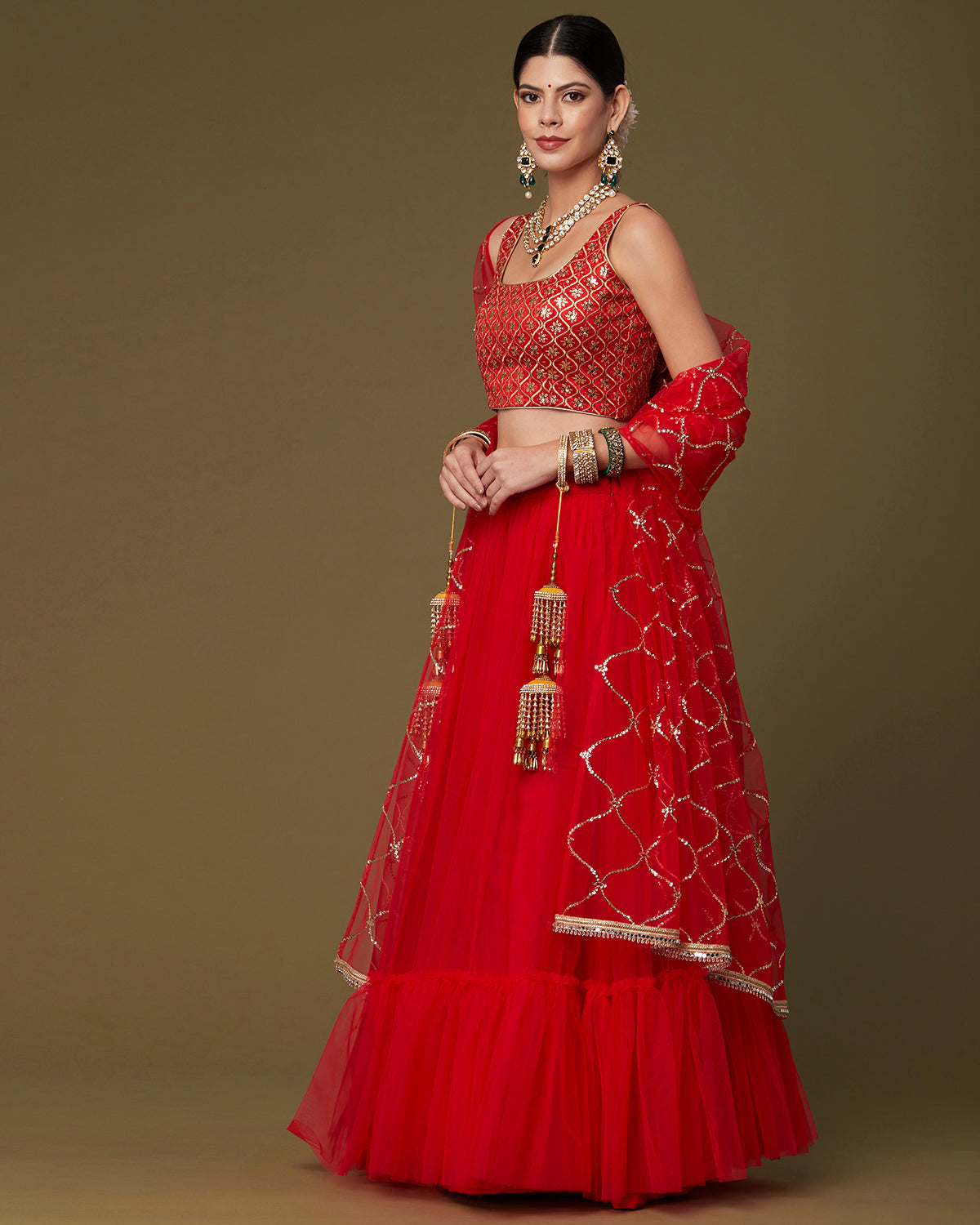 Red Net Ruffled Lehenga