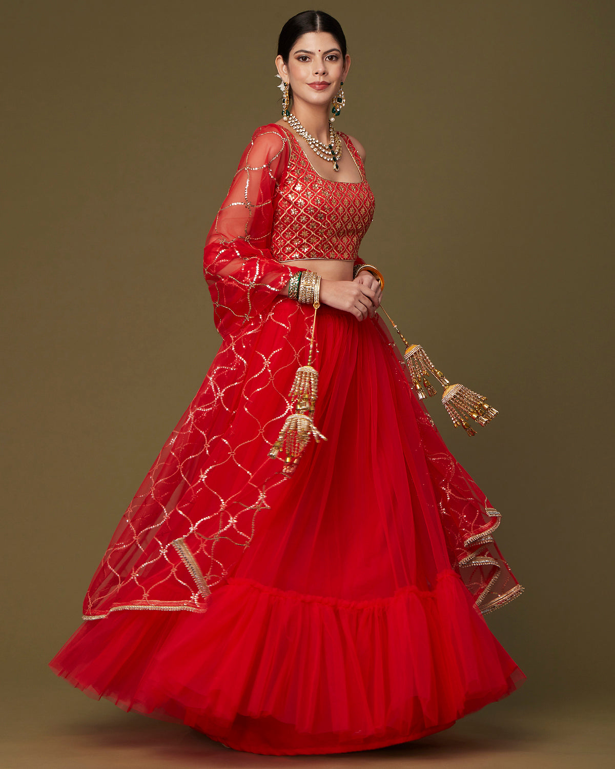 Red Net Ruffled Lehenga