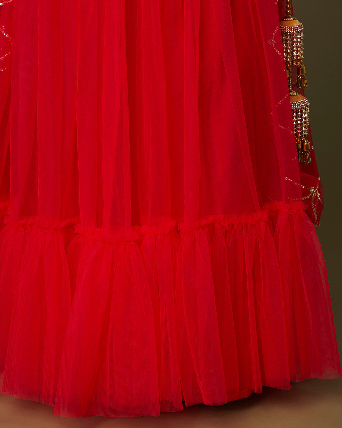 Red Net Ruffled Lehenga