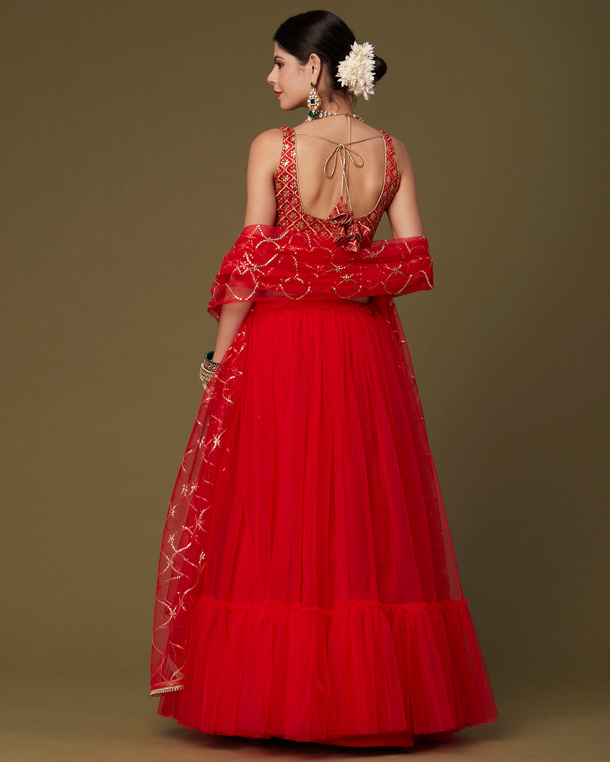 Red Net Ruffled Lehenga