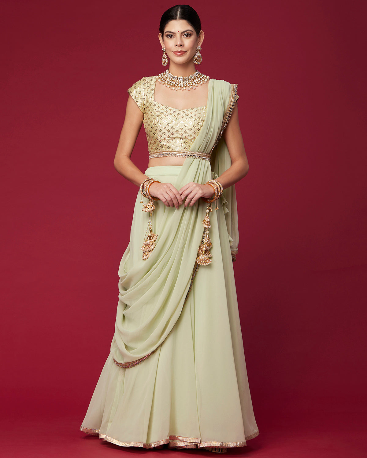 Spring Green Draped Lehenga Saree