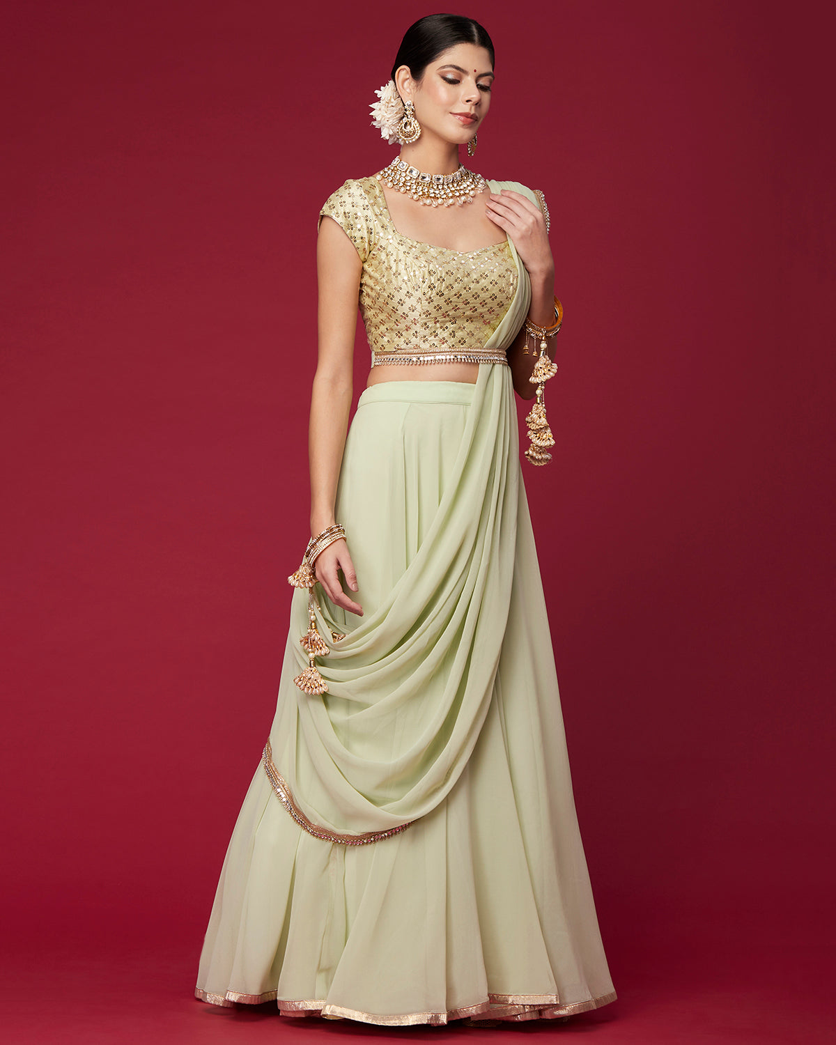 Spring Green Draped Lehenga Saree