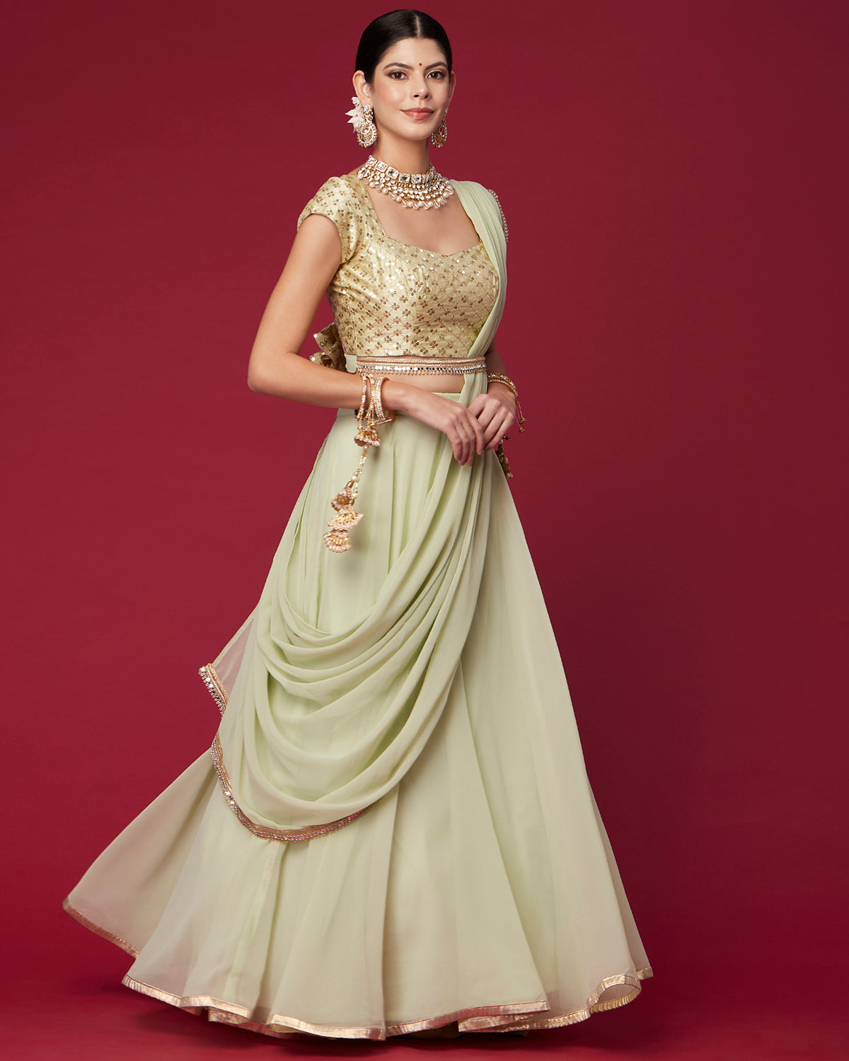 Spring Green Draped Lehenga Saree