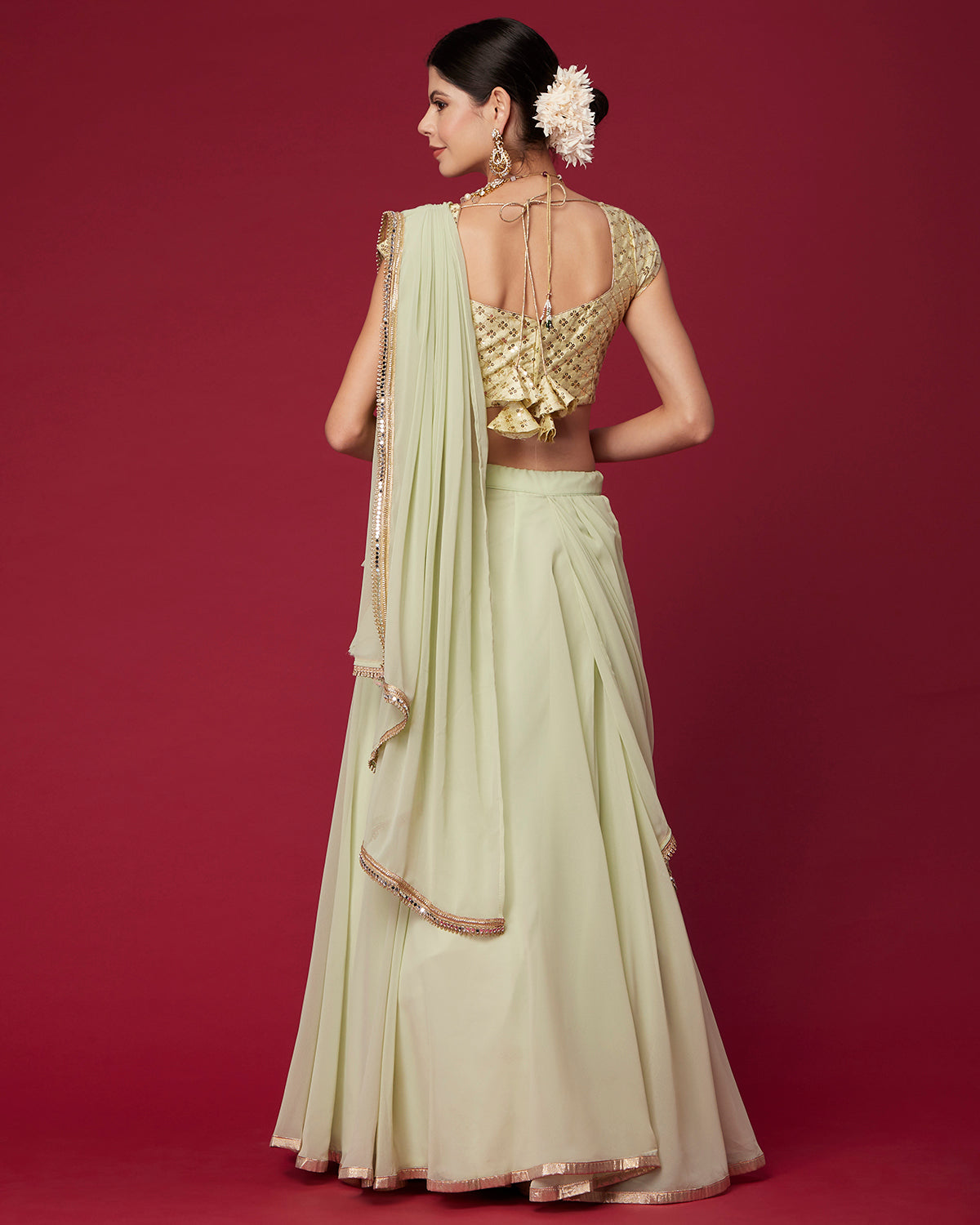 Spring Green Draped Lehenga Saree