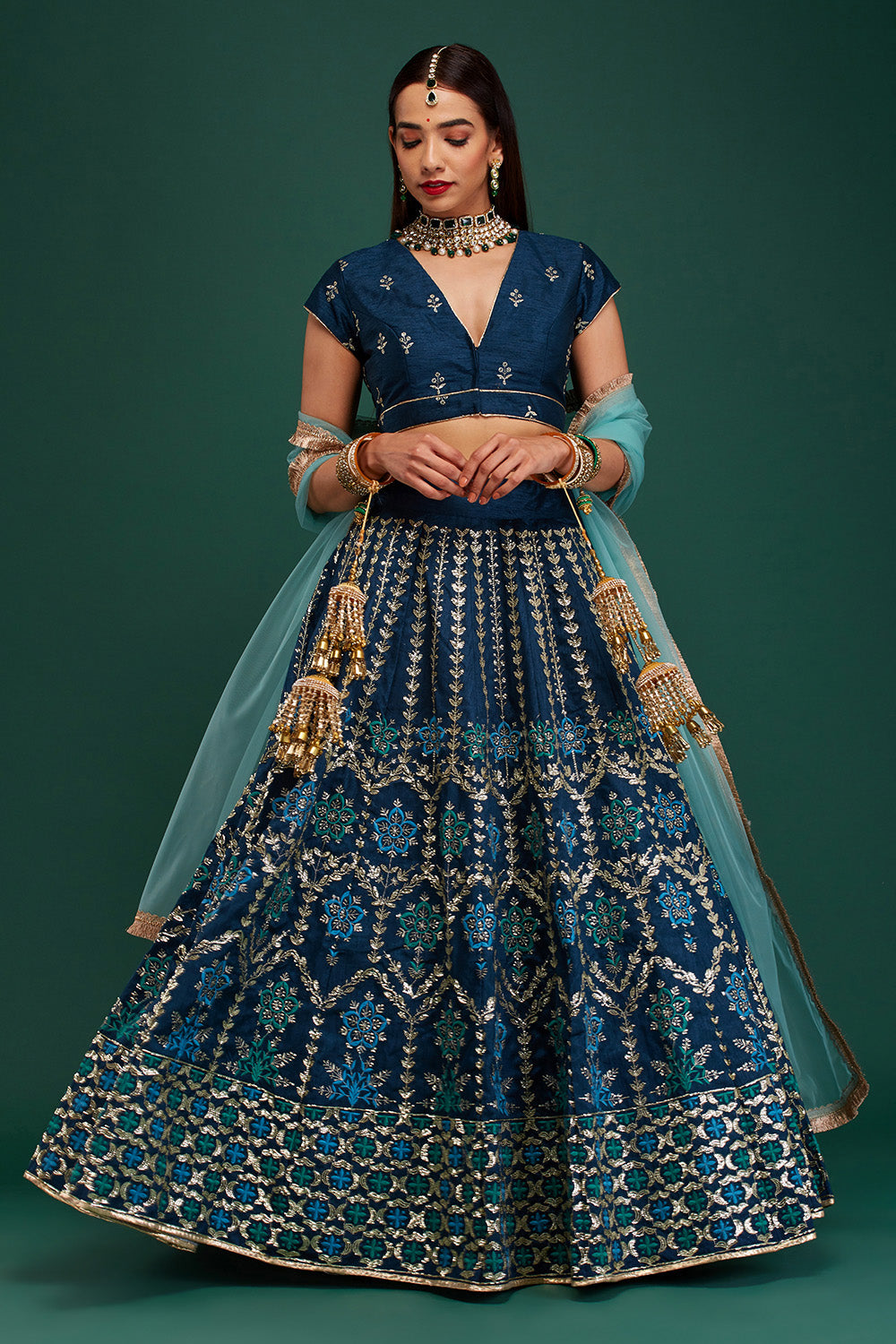 Prussian Blue & Aqua Floral Damask Lehenga