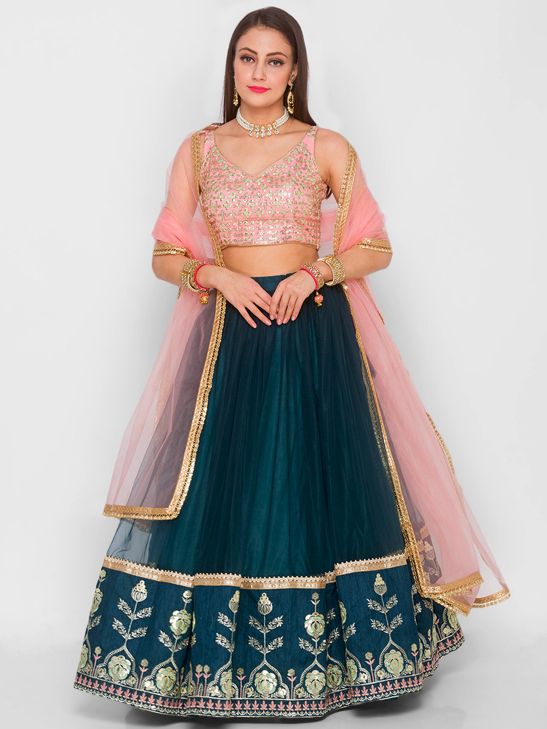 Dark Pine & Pink Bagh Border Lehenga with Pink