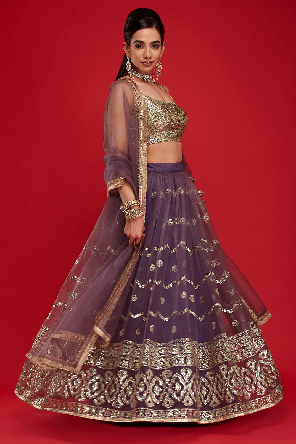 Blackcurrant Geometric Wave Lehenga