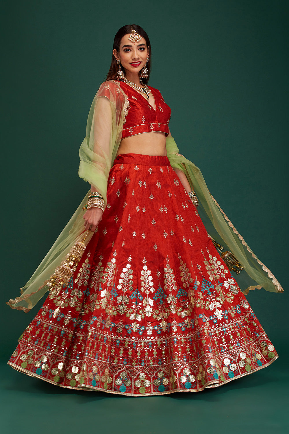 Rust & Jade Floral Pendant Lehenga