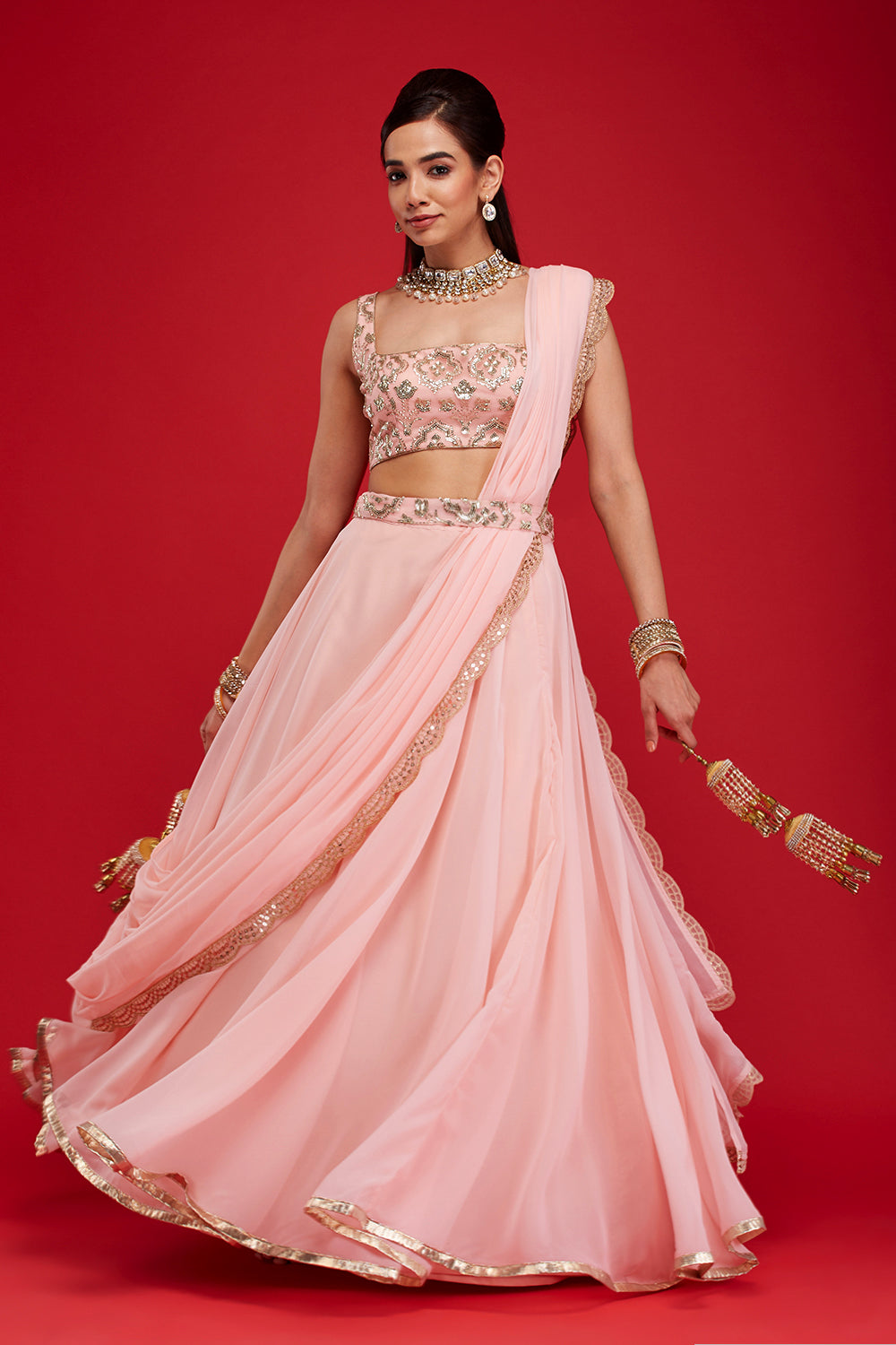 Powder Pink Draped Lehenga Saree