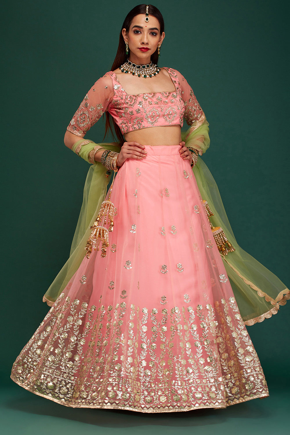 Peach & Jade Roman Tiara Lehenga