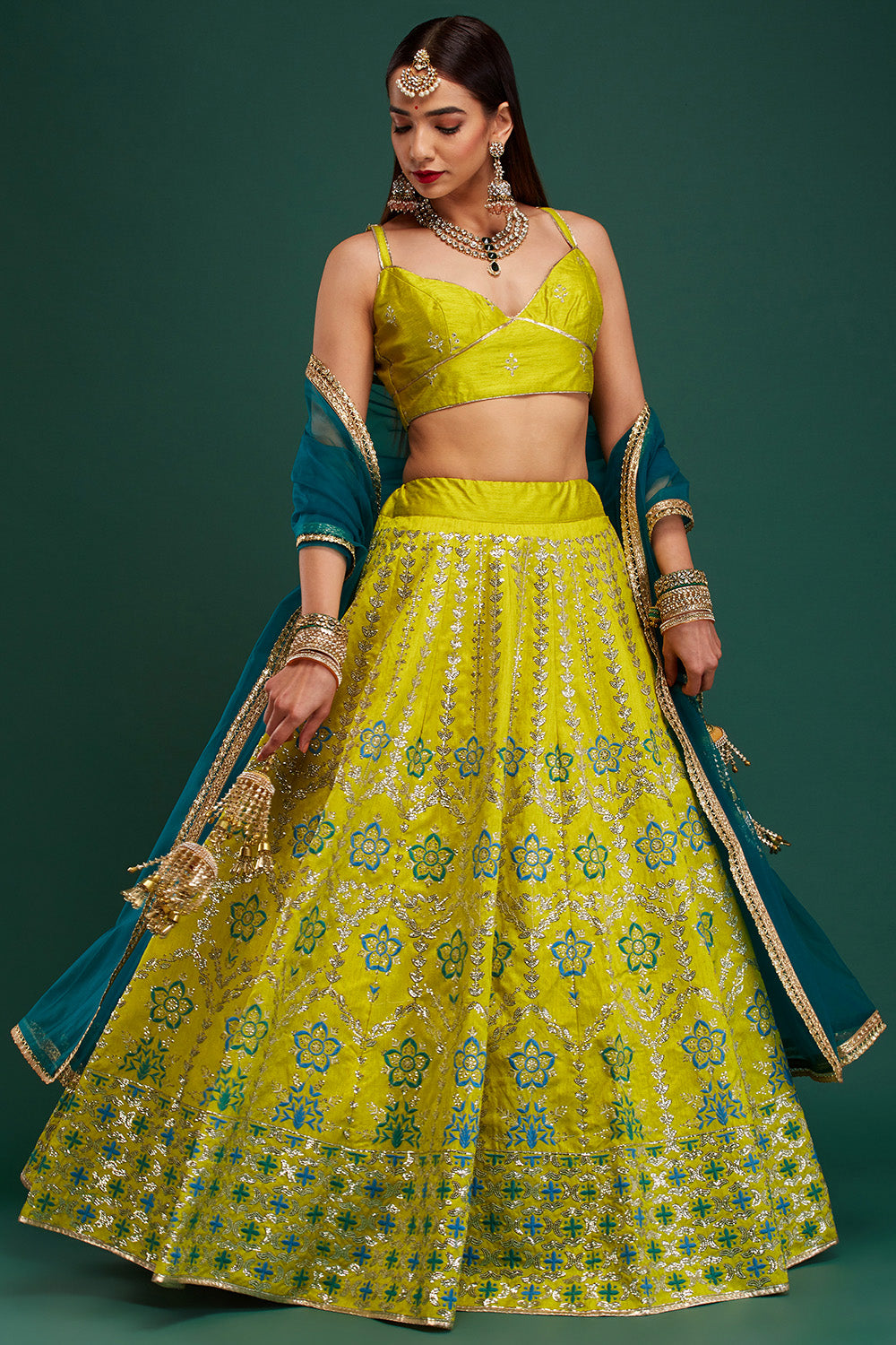 Lime Green & Blue Floral Damask Lehenga