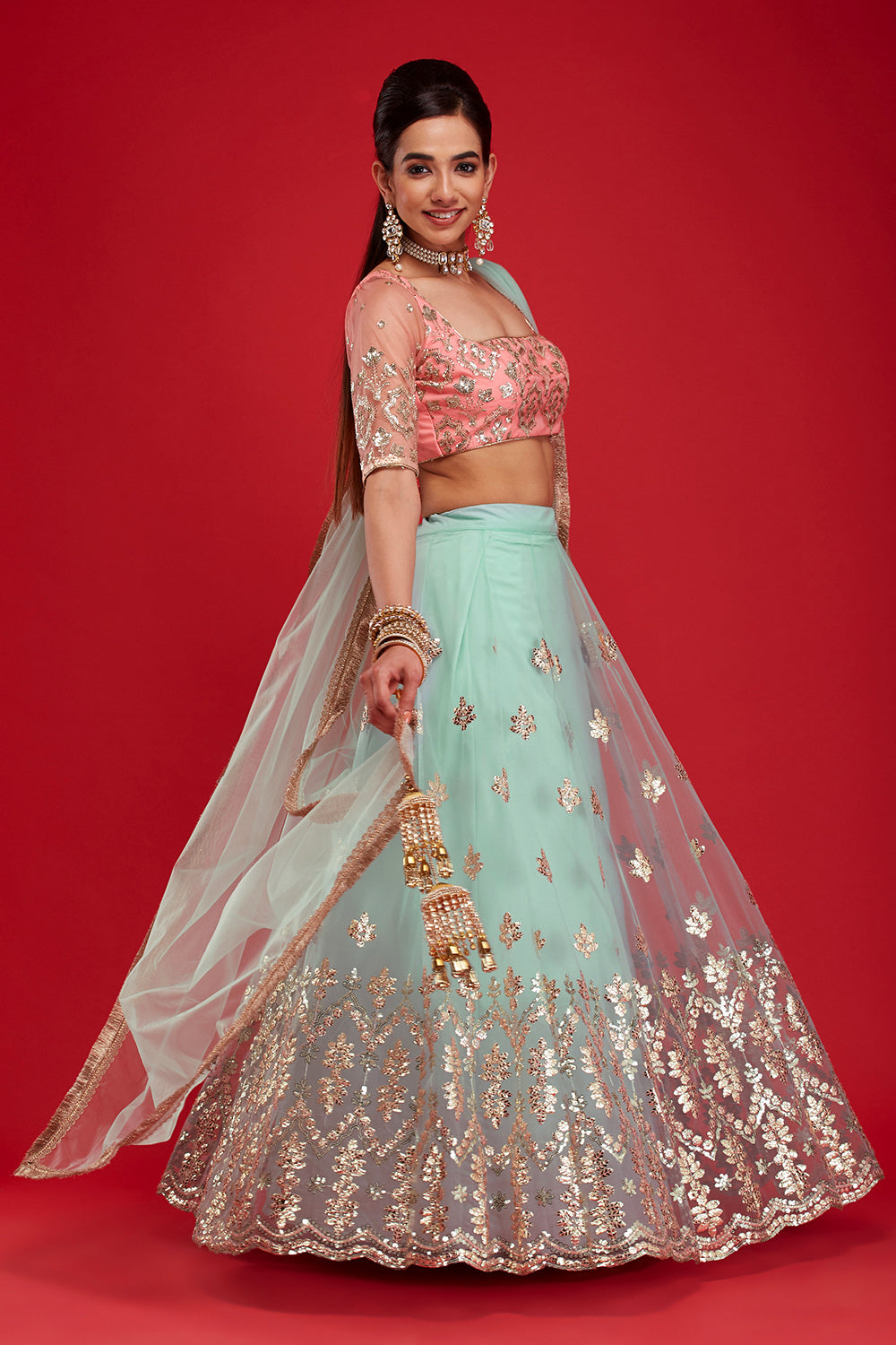 Aqua & Pink Gardenia Lehenga