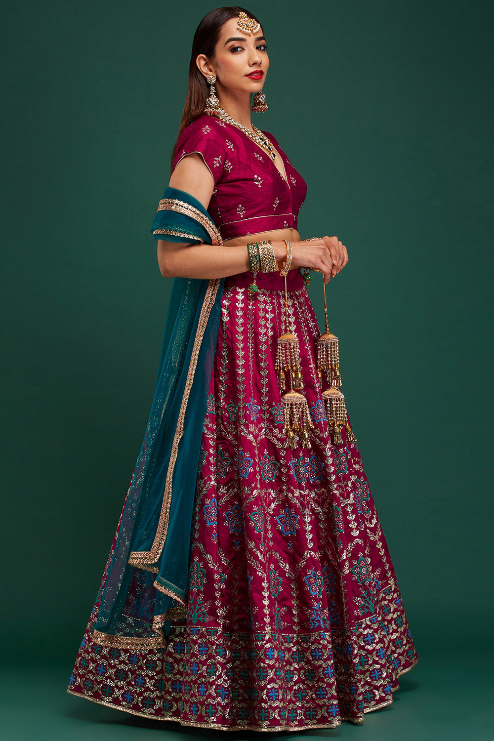 Magenta & Blue Floral Damask Lehenga