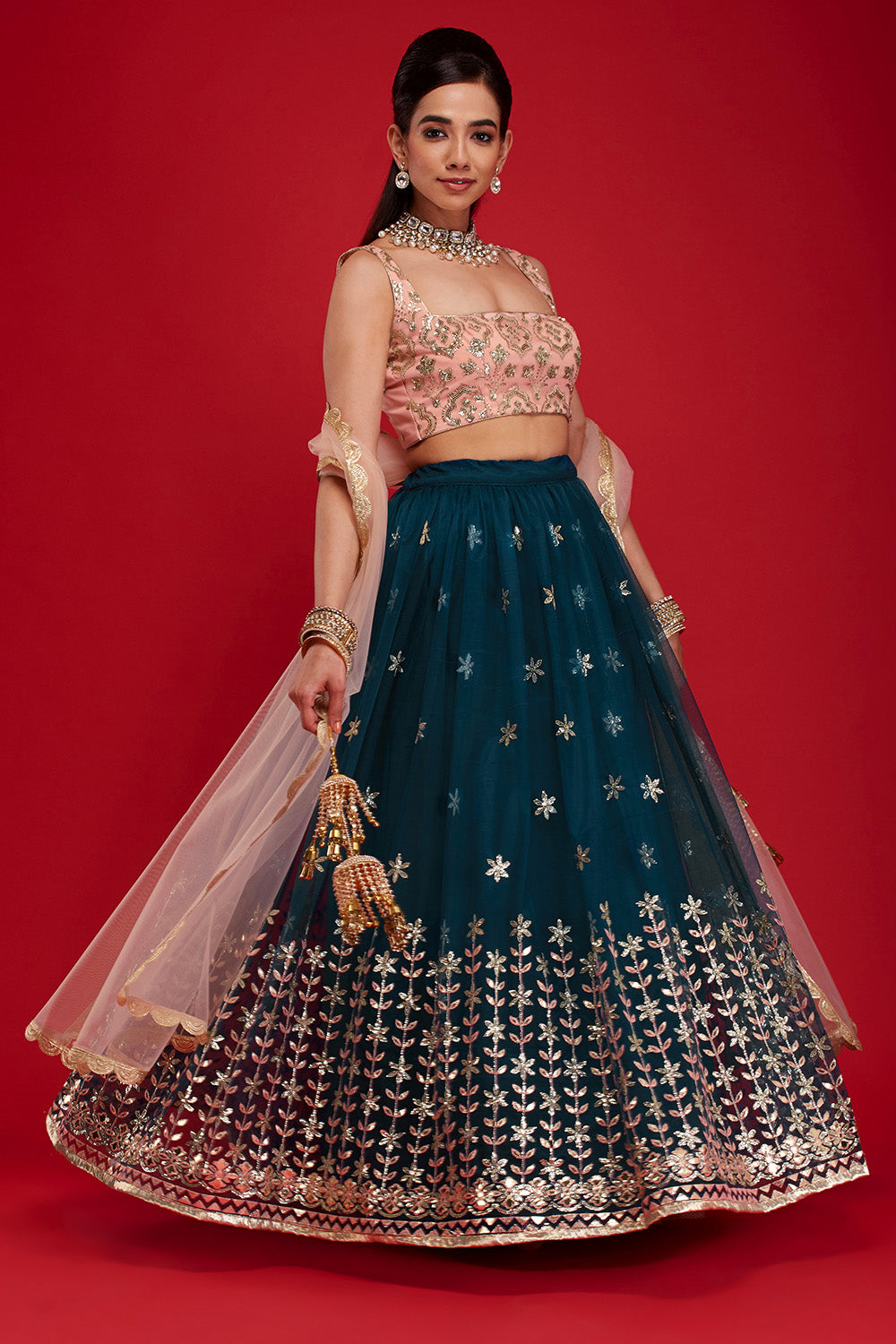 Dark Peacock & Blush Starflower Lehenga