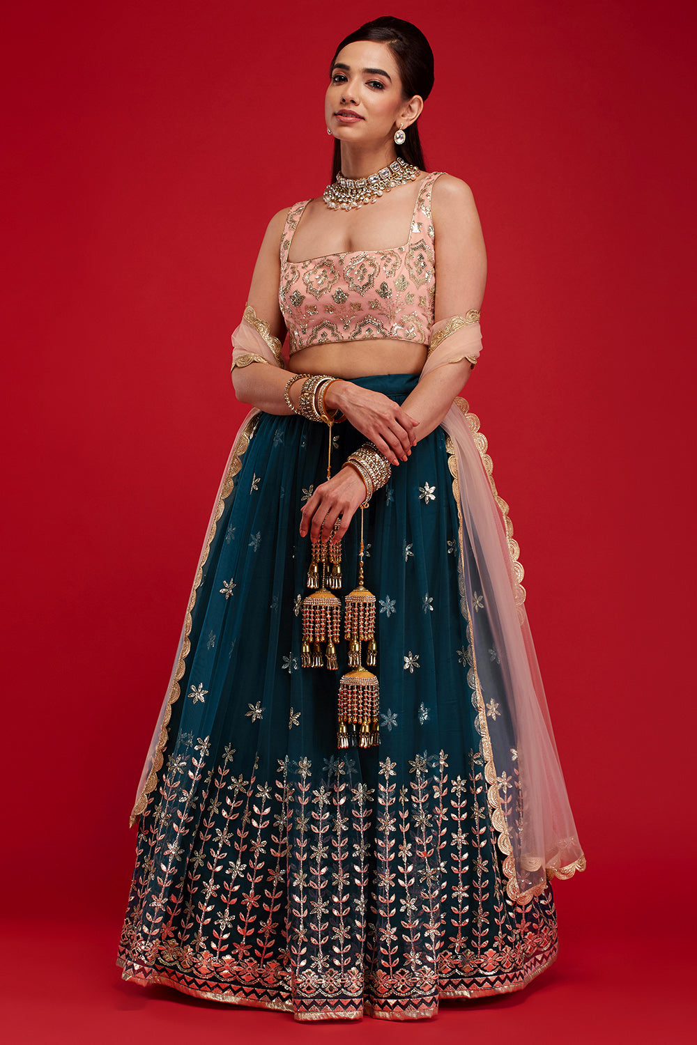 Dark Peacock & Blush Starflower Lehenga