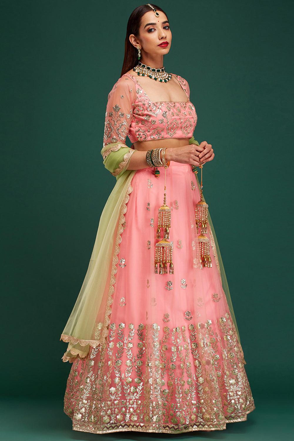 Peach & Jade Roman Tiara Lehenga