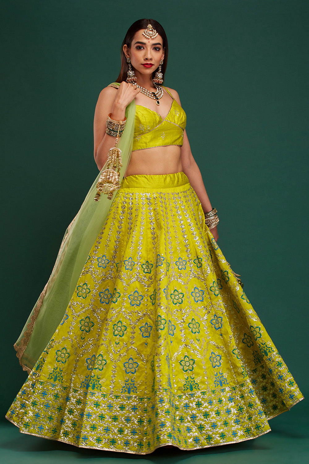 Lime Green & Jade Floral Damask Lehenga