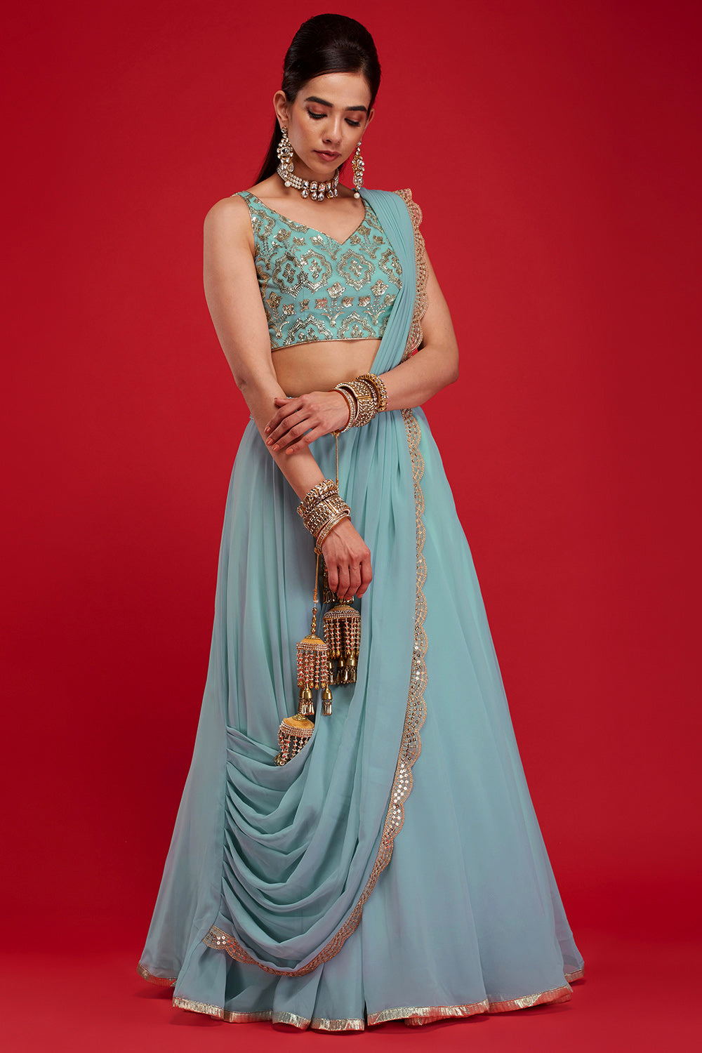 Pale Blue Draped Lehenga Saree
