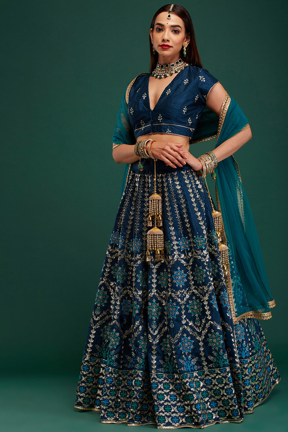 Prussian Blue Floral Damask Lehenga