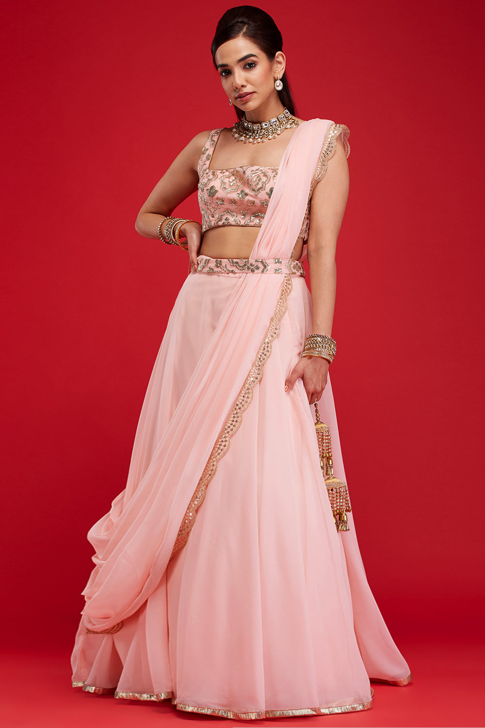 Powder Pink Draped Lehenga Saree