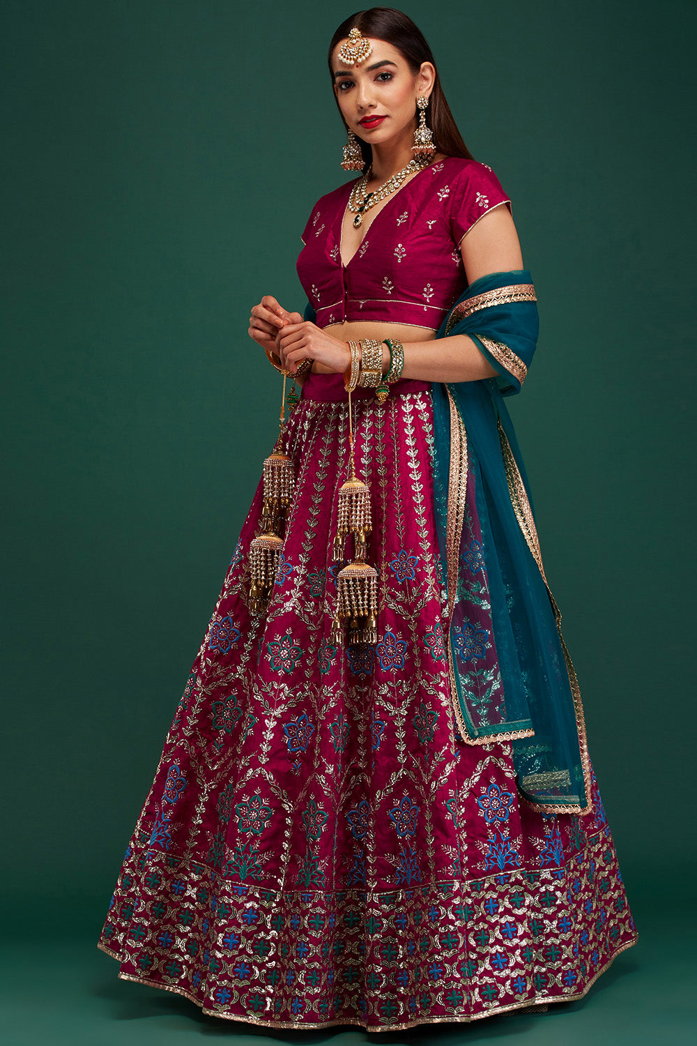 Magenta & Blue Floral Damask Lehenga
