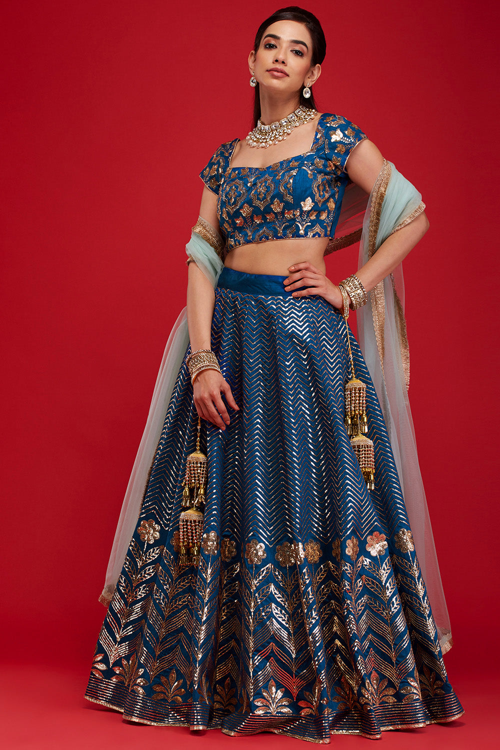Bright Blue & Aqua Sequin Fountain Lehenga