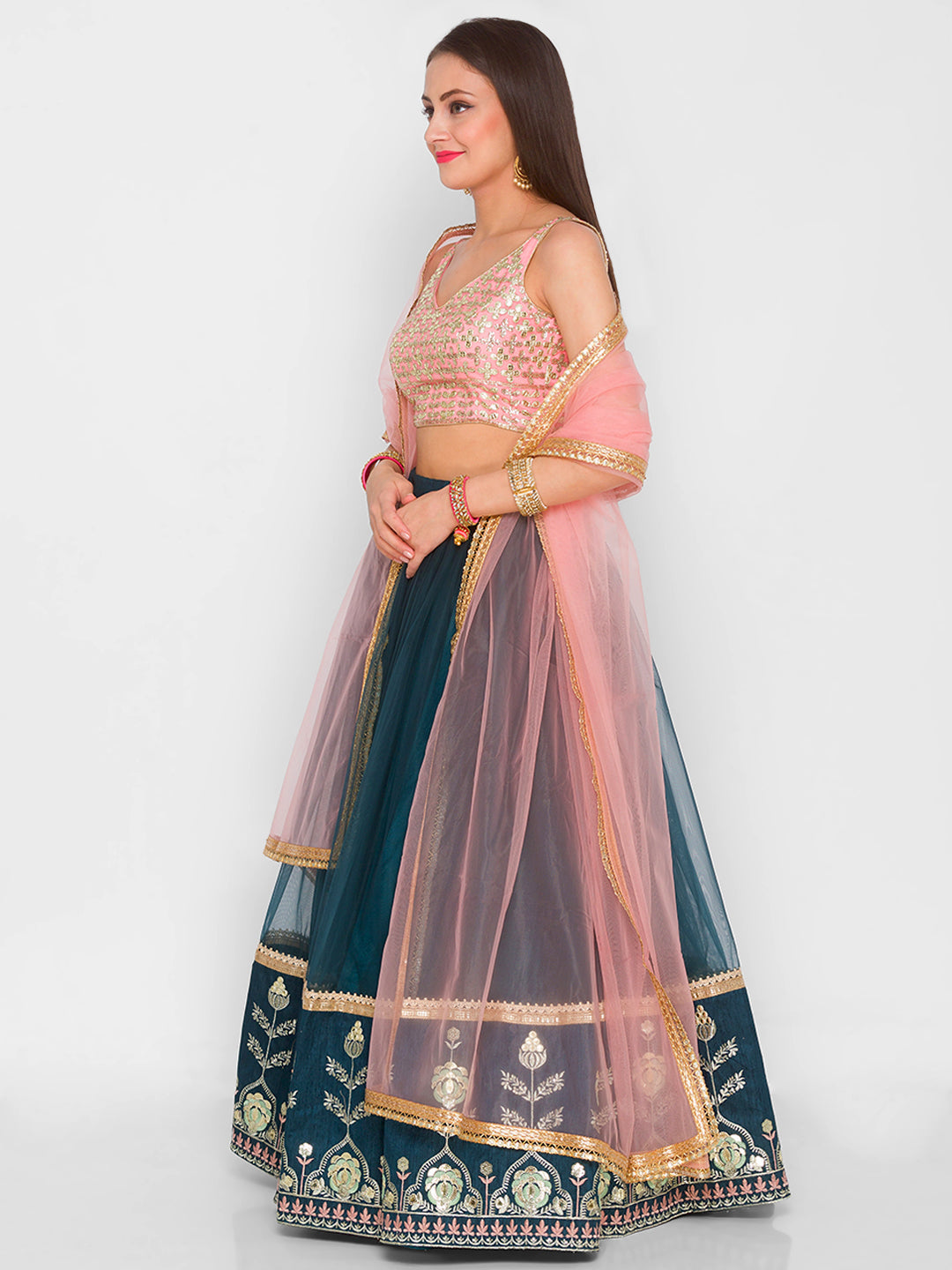 Dark Pine & Pink Bagh Border Lehenga with Pink