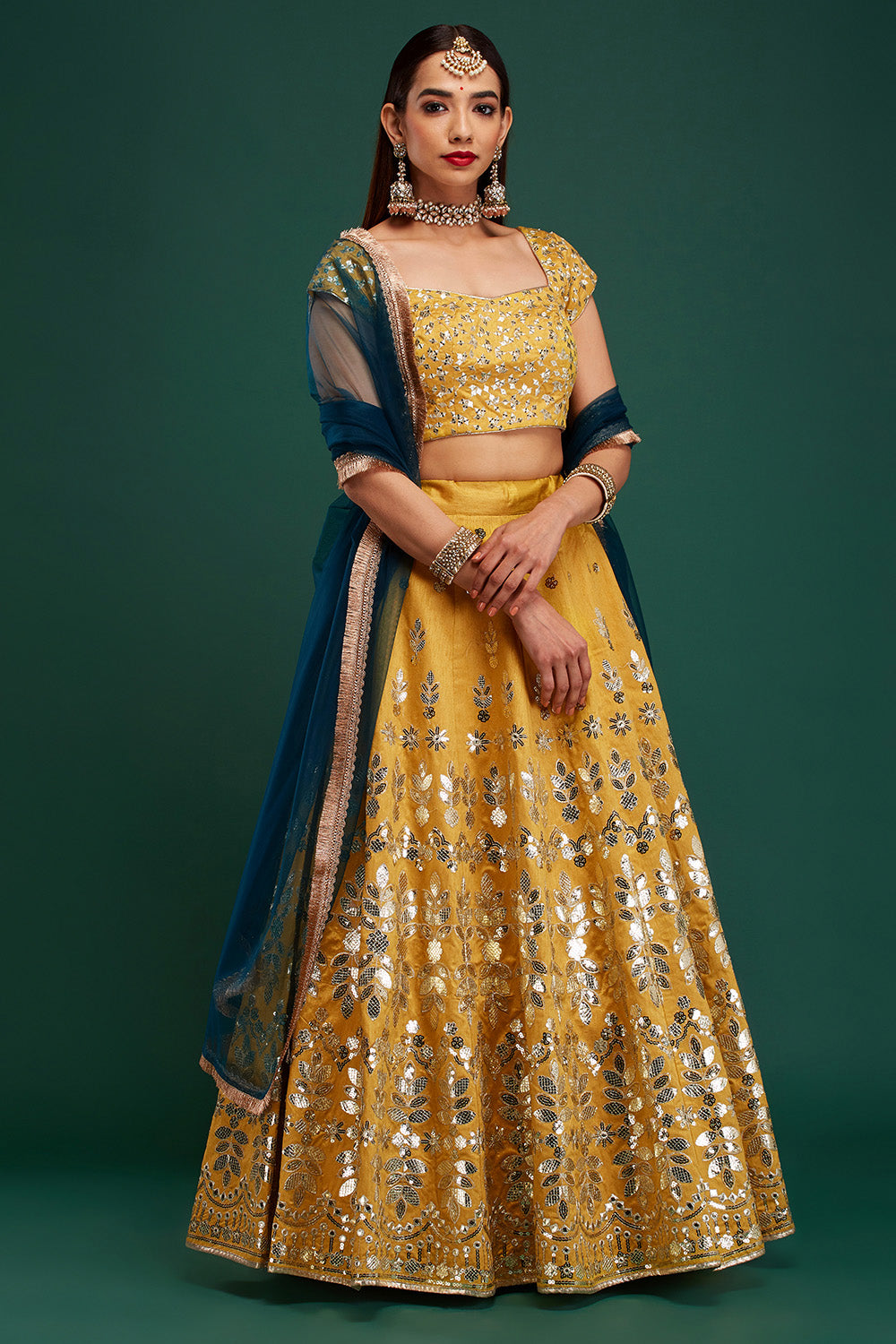 Light Gold & Blue Mirage Lehenga
