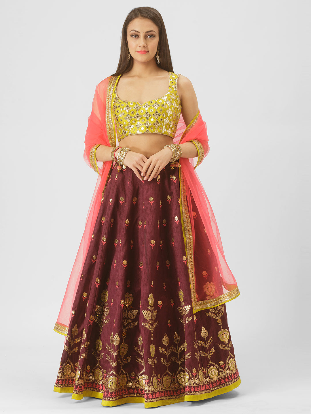Deep Plum & Pink Gotapatti Bagh Lehenga