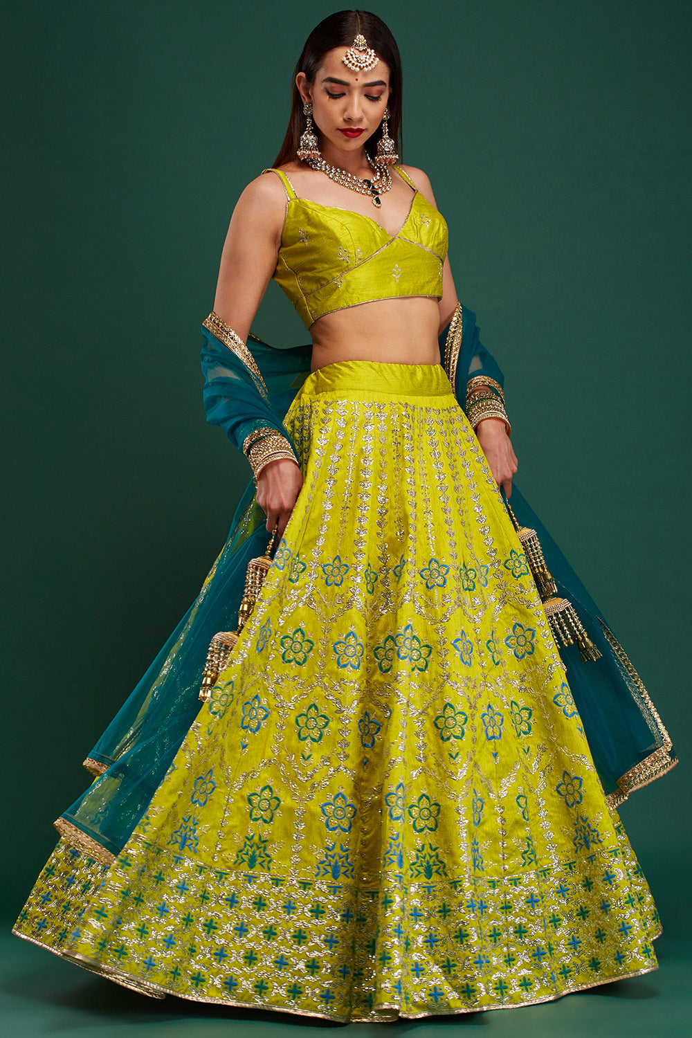 Lime Green & Blue Floral Damask Lehenga
