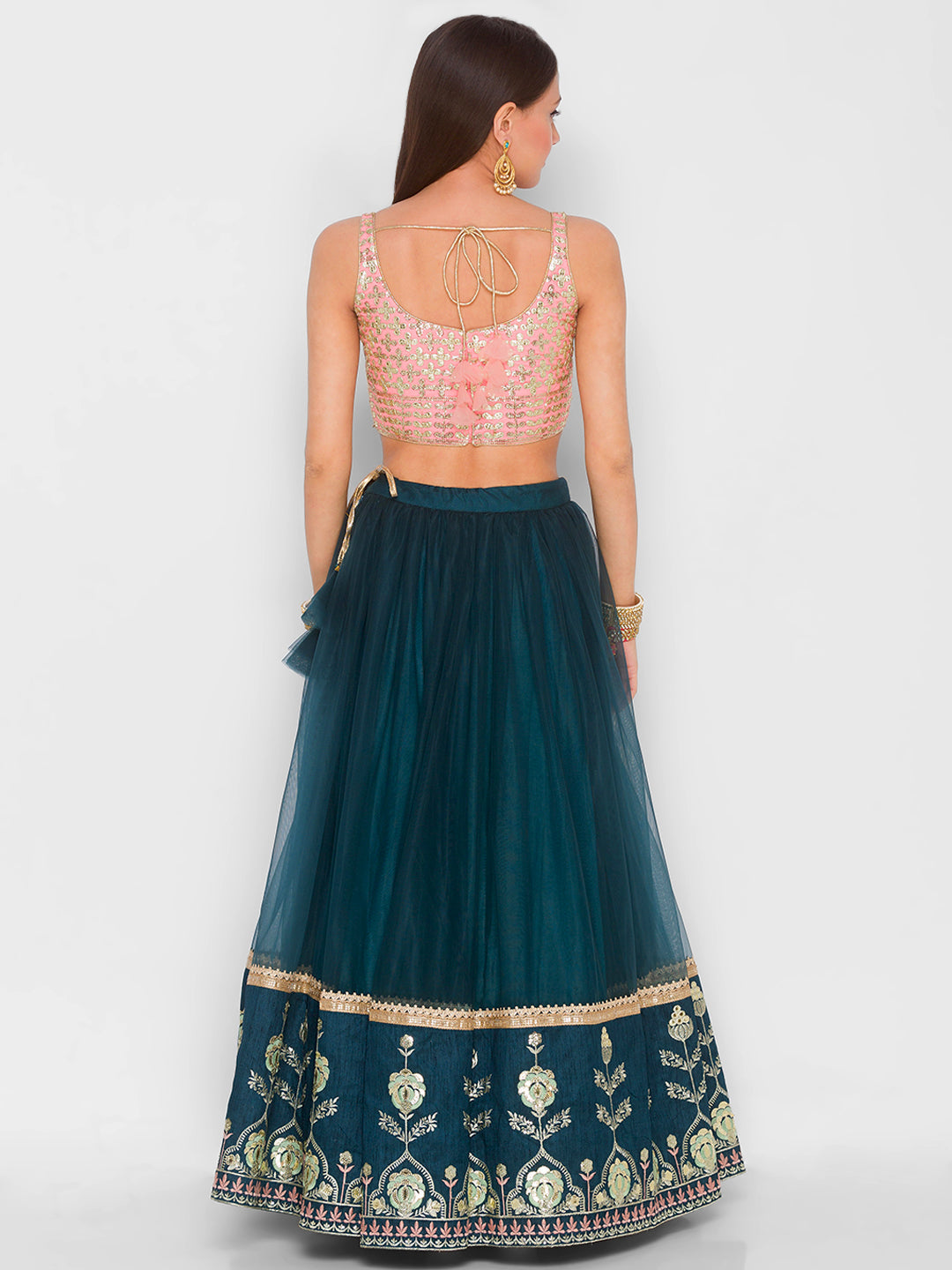 Dark Pine & Pink Bagh Border Lehenga with Pink