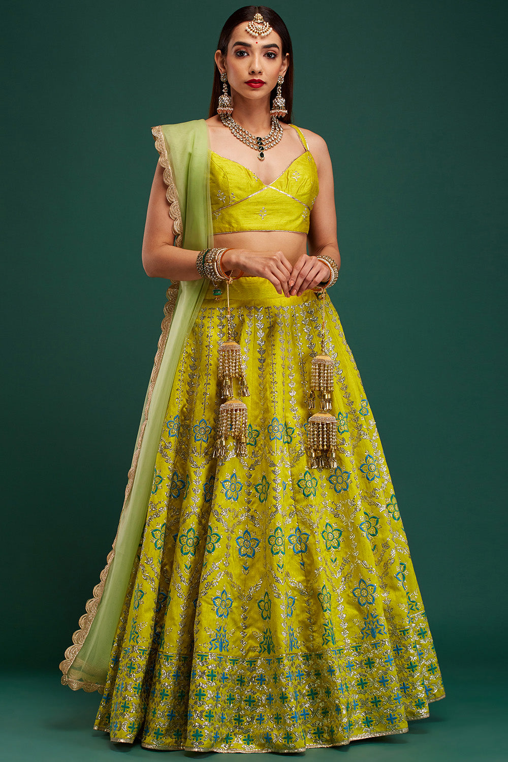 Lime Green & Jade Floral Damask Lehenga