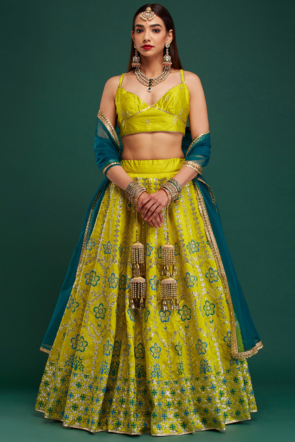 Lime Green & Blue Floral Damask Lehenga