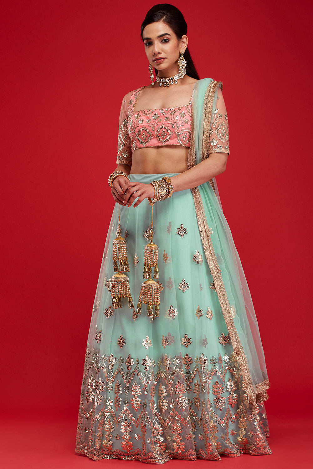 Aqua & Pink Gardenia Lehenga