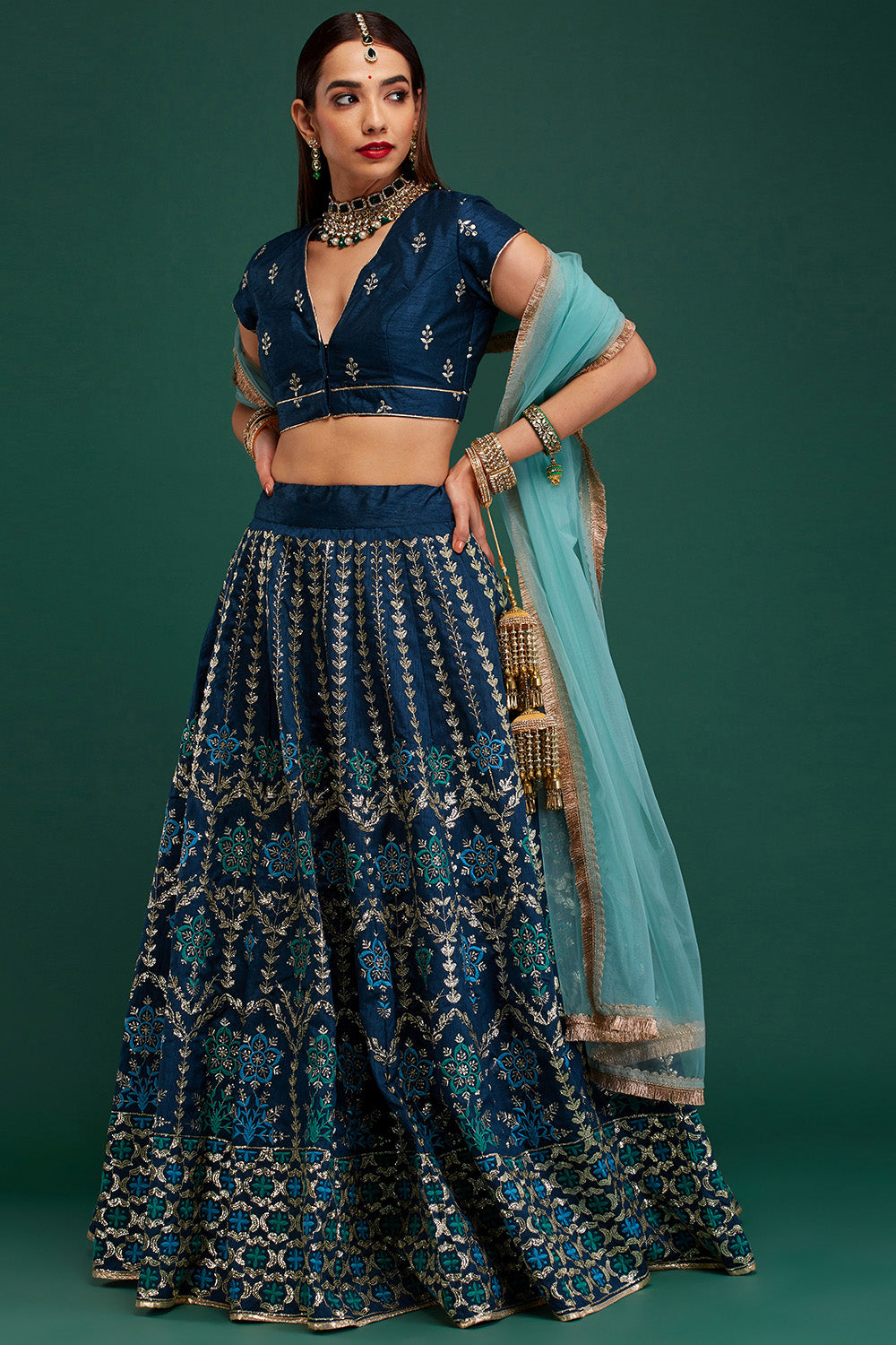 Prussian Blue & Aqua Floral Damask Lehenga