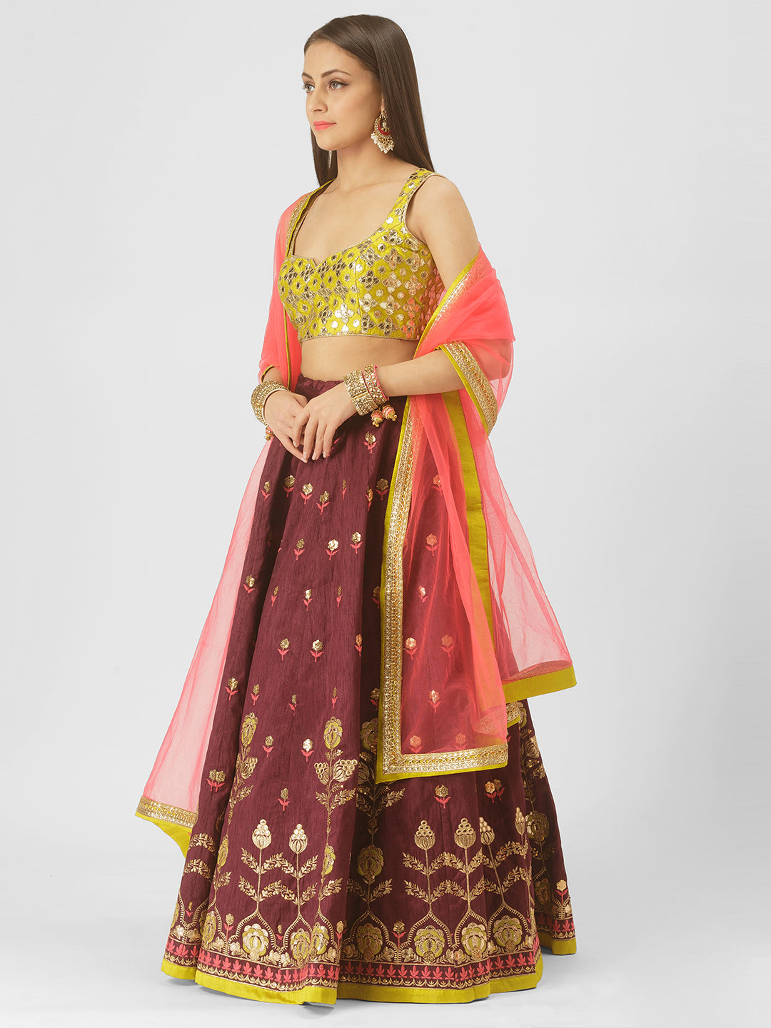 Deep Plum & Pink Gotapatti Bagh Lehenga