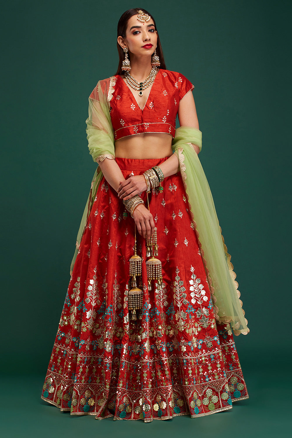 Rust & Jade Floral Pendant Lehenga