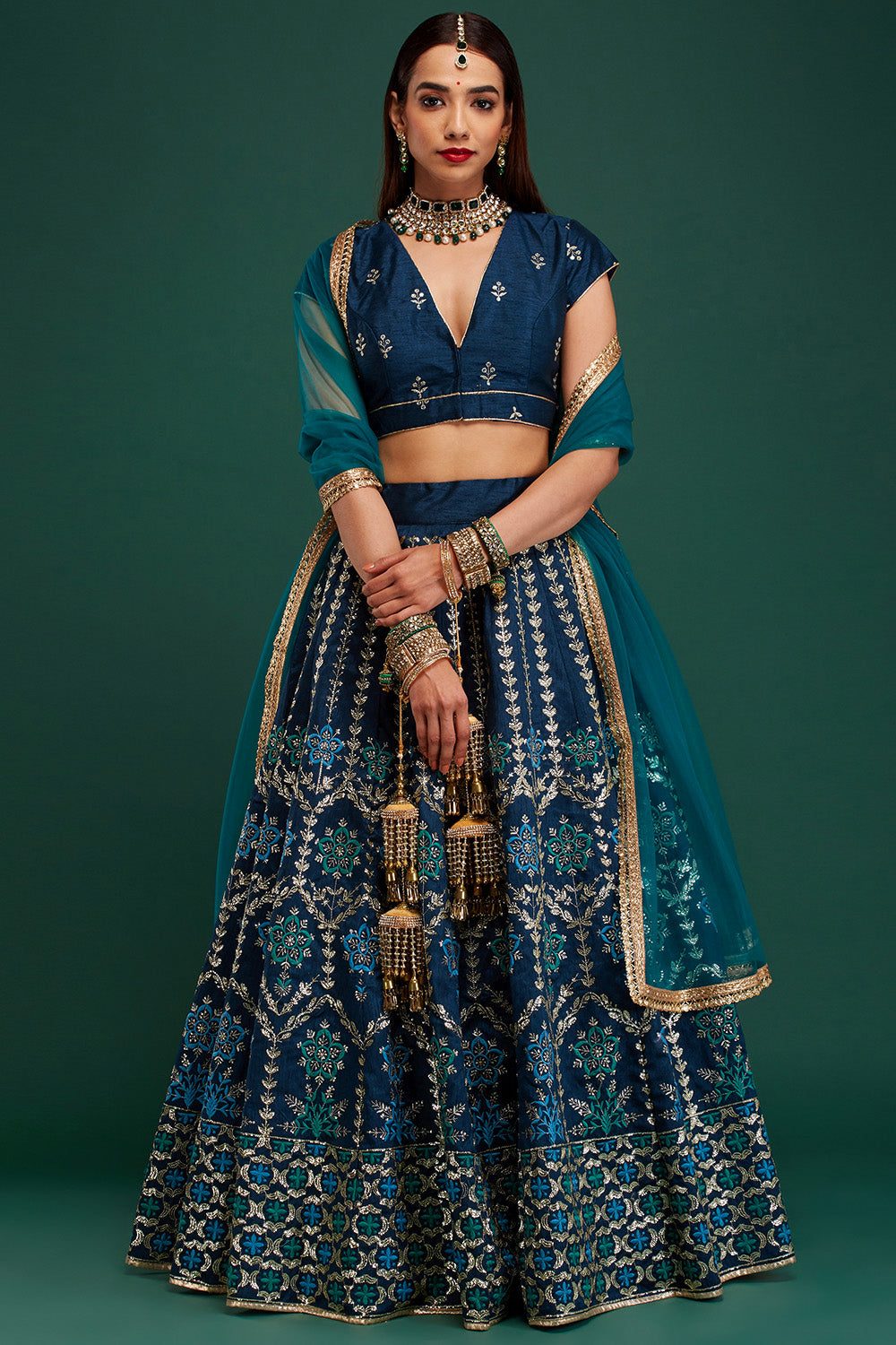 Prussian Blue Floral Damask Lehenga